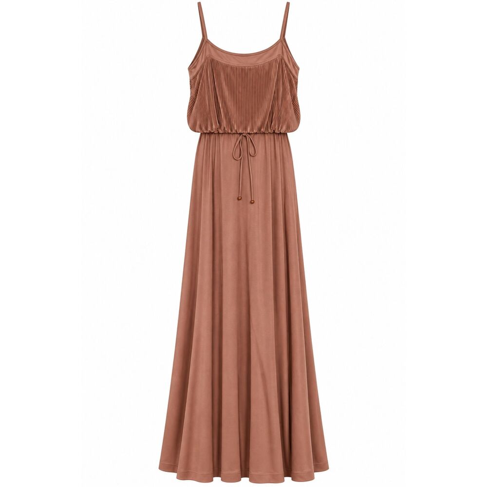 Vintage Dusty Rose Pleated Blouson Maxi Spaghetti Strap Boho Flowy Maxi Dress